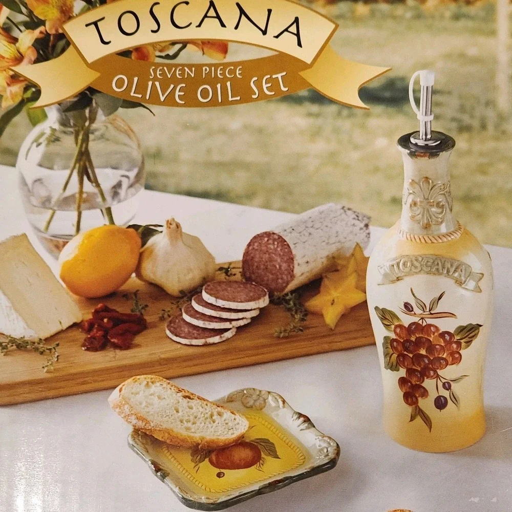 Toscana Olive oil seven piece serving set. Wine and cheese.